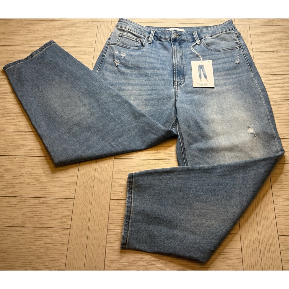 Klique B Super High Rise Barrel Jeans NWT Distressed Hem Denim Sz 15, 26.5" Long